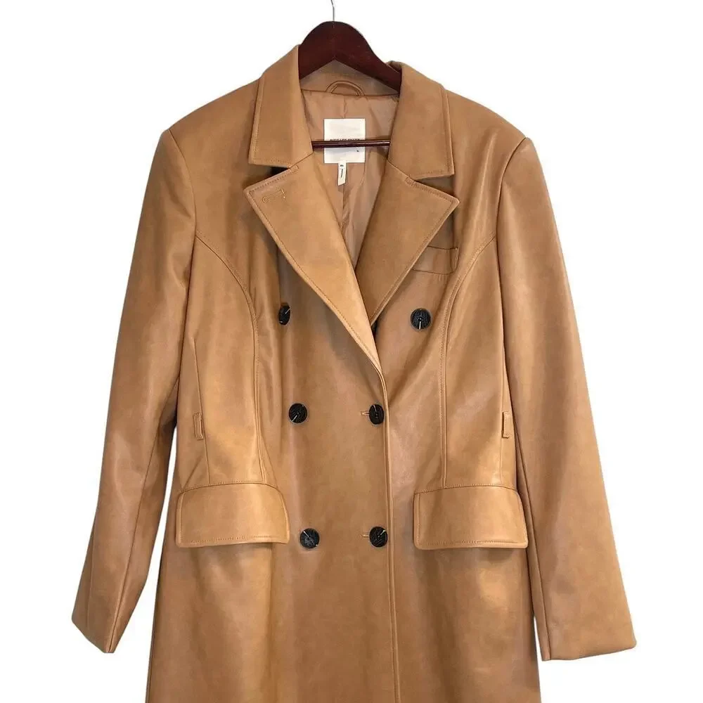 Avec Les Filles Camel Faux Leather Long Trench Coat Women’s XL Double Breasted